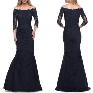 La Femme NWT Blue Beaded Applique Trumpet Maxi Gown Dress Size 10 #29324